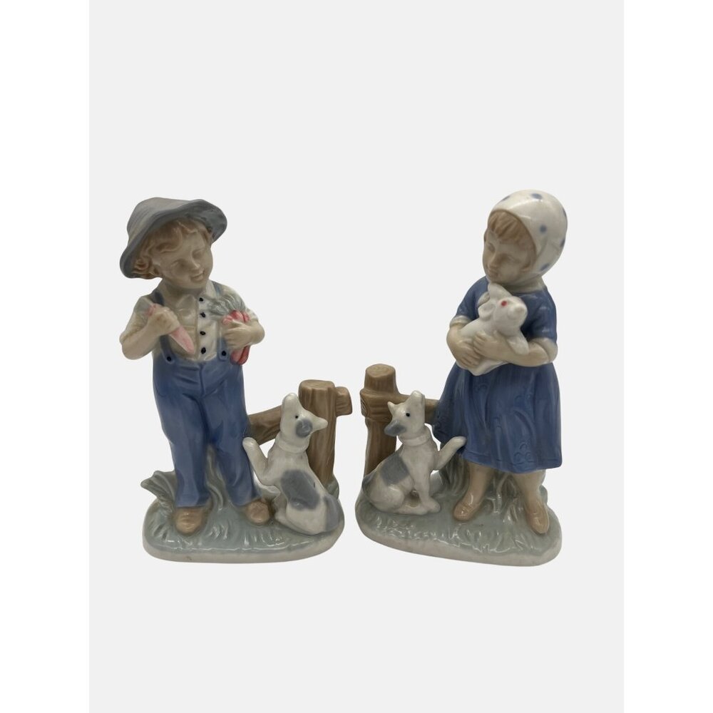 Vintage Lego Japan Figurine Set Of Boy & Girl w/ Dogs Porcelain Collectible 5.5"